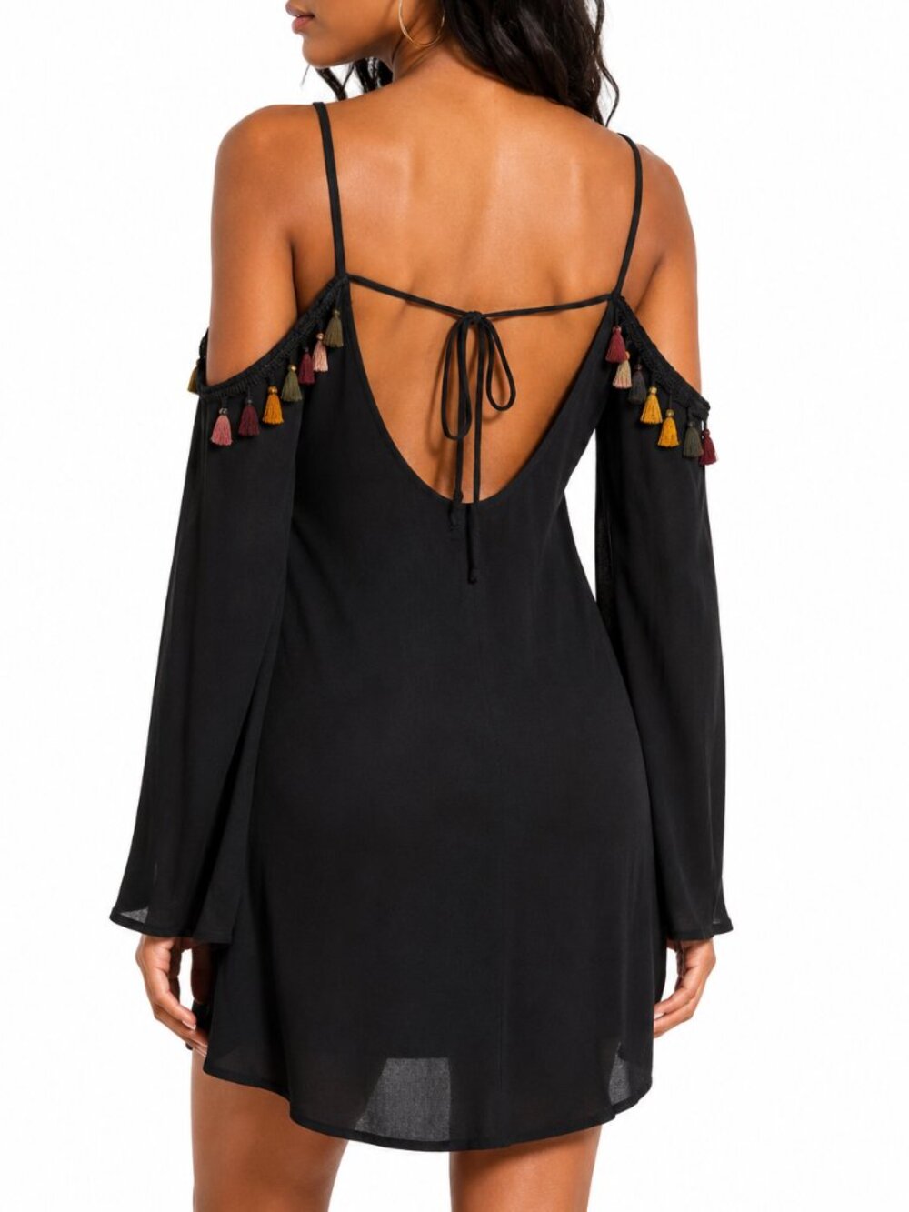 Solemio Whimsigoth Cold Shoulder Tassel Dress M Fairy Grunge Bell Sleeve Mini
